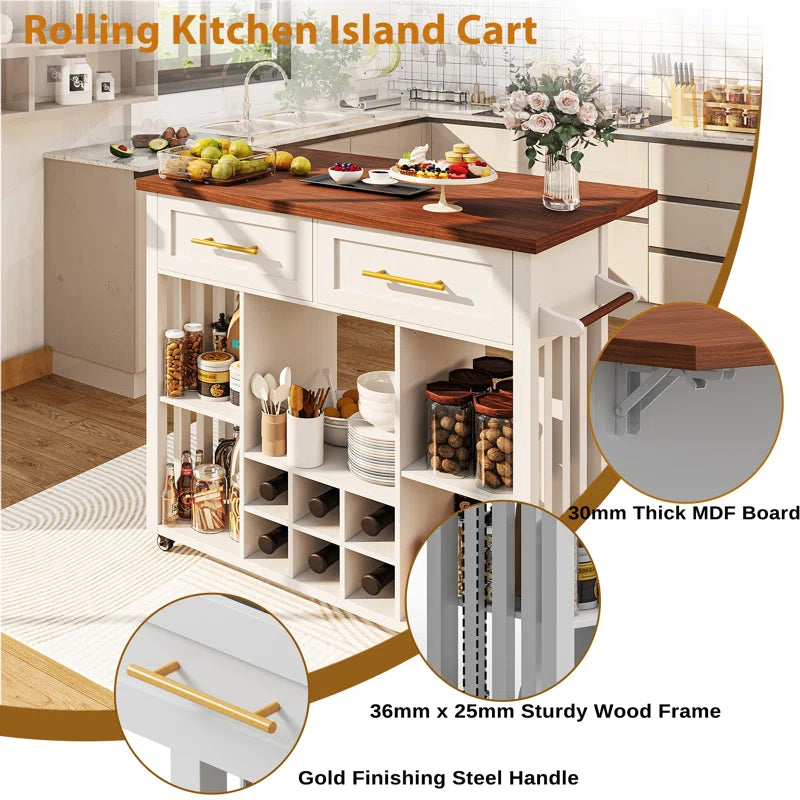 Kitchen Island Table: 39.4" Modern Rolling Island with Drop Leaf, Wine Rack & Storage