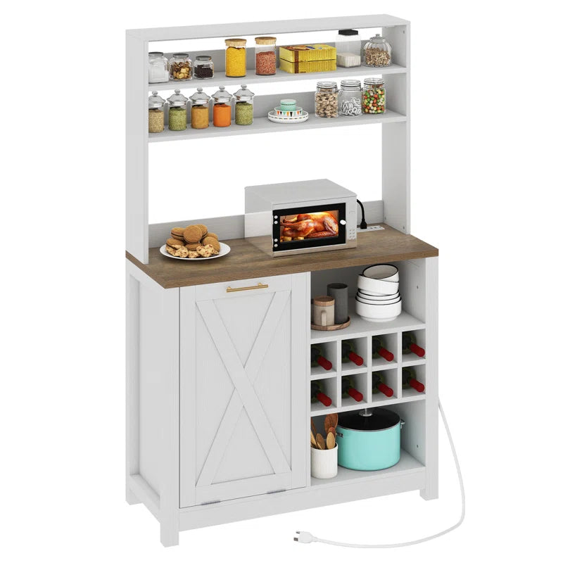 Kitchen Racks: 39.4'' Wood Baker's Rack with Trash Can Bin Cabinet and Microwave Compatibility