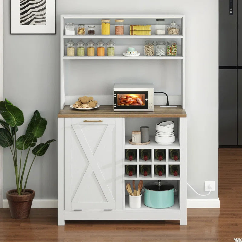 Kitchen Racks: 39.4'' Wood Baker's Rack with Trash Can Bin Cabinet and Microwave Compatibility