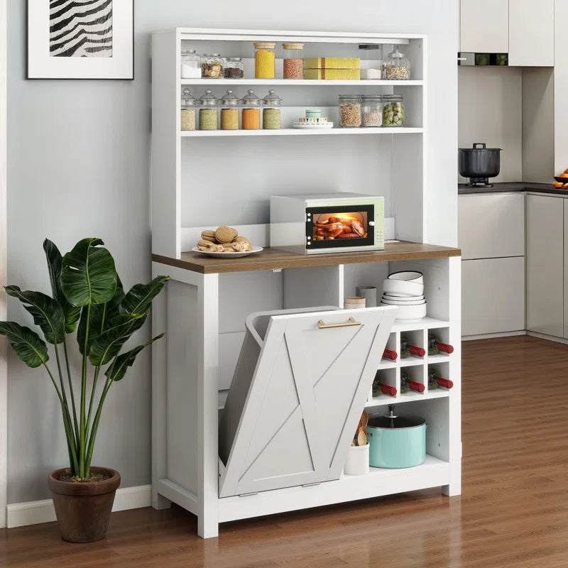 Kitchen Racks: 39.4'' Wood Baker's Rack with Trash Can Bin Cabinet and Microwave Compatibility