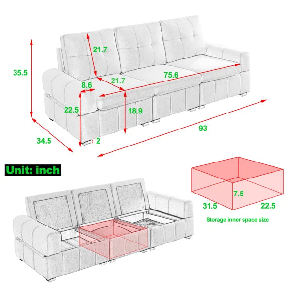 3 Seater Sofa: 93'' Upholstered Sofa