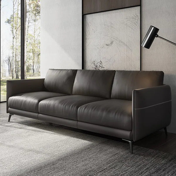 3 Seater Sofa: Genuine Leather Black Sofa, 3-Seat Square Arms Sofa Couch For Livng Room Bedroom