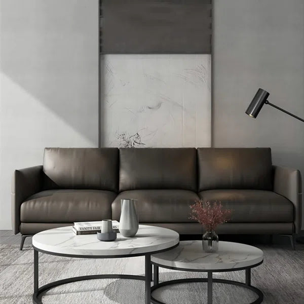 3 Seater Sofa: Genuine Leather Black Sofa, 3-Seat Square Arms Sofa Couch For Livng Room Bedroom