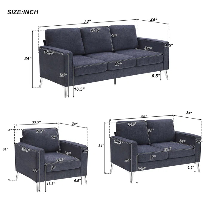 3 Seater Sofa: Modern 3-Piece Sofa Sets With Sturdy Metal Legs
