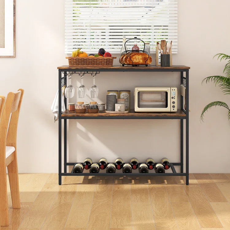 Kitchen Rack: 3 Shelves Industrial Prep Table with Bottom Wine Rack for Kitchen Island