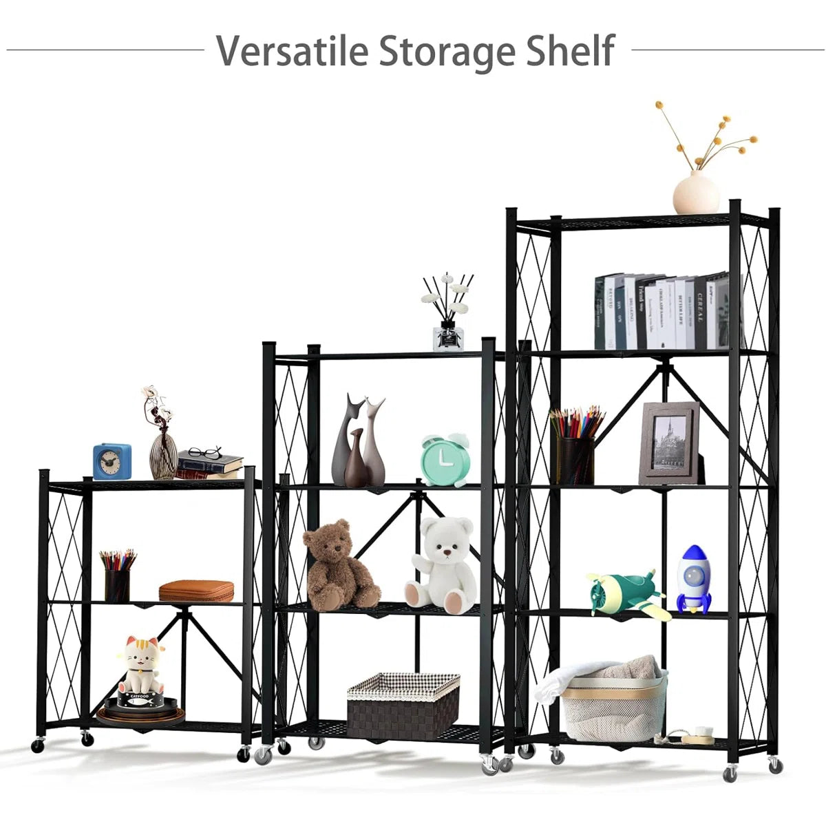 Kitchen Rack: 3 Tier Foldable Storage Shelf with Wheels for Kitchen Bakers Rack
