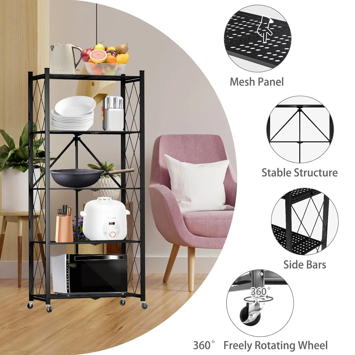 Kitchen Rack: 3 Tier Foldable Storage Shelf with Wheels for Kitchen Bakers Rack