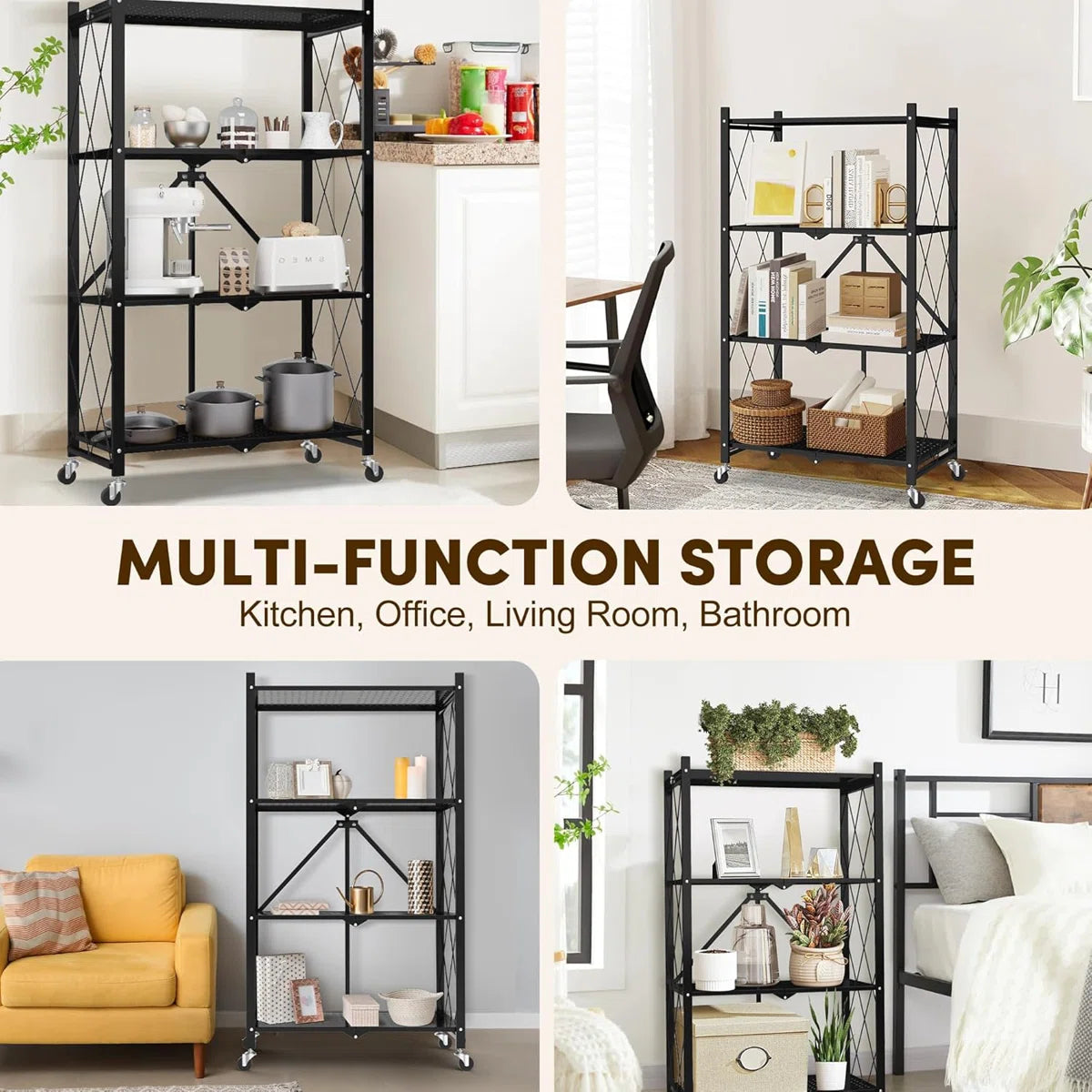 Kitchen Rack: 3 Tier Foldable Storage Shelf with Wheels for Kitchen Bakers Rack