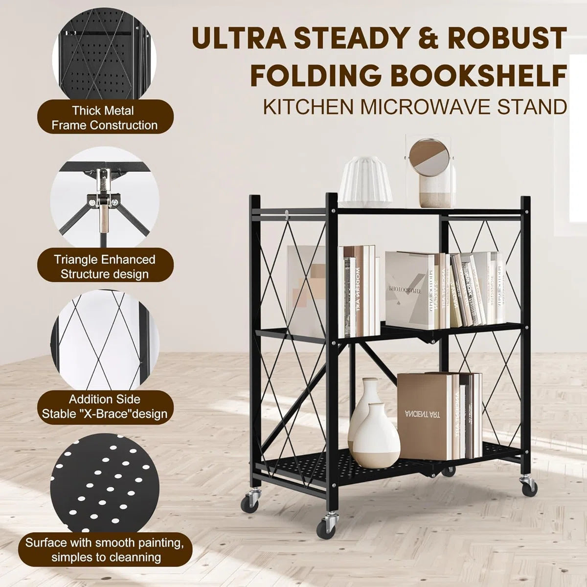 Kitchen Rack: 3 Tier Foldable Storage Shelf with Wheels for Kitchen Bakers Rack