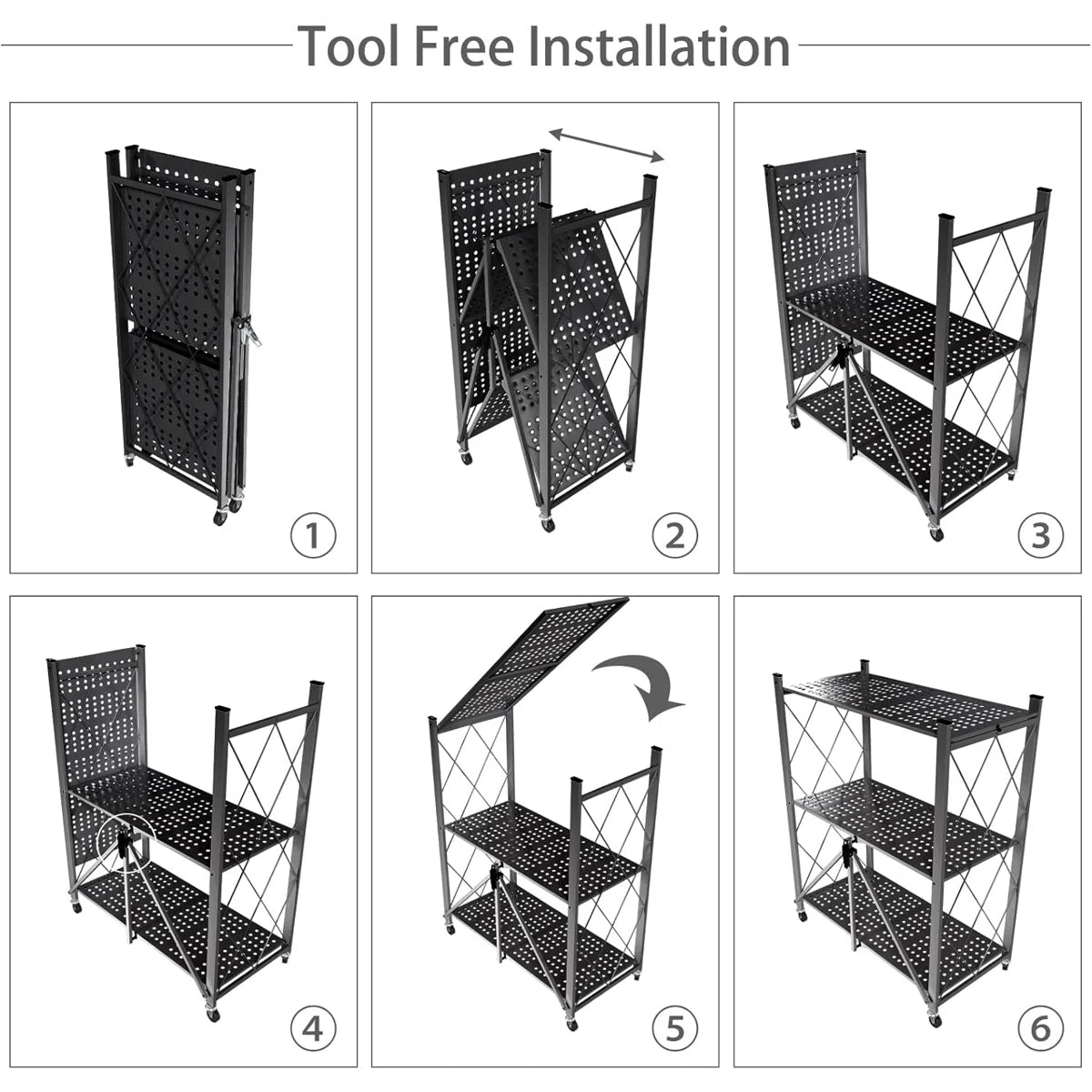 Kitchen Rack: 3 Tier Foldable Storage Shelf with Wheels for Kitchen Bakers Rack