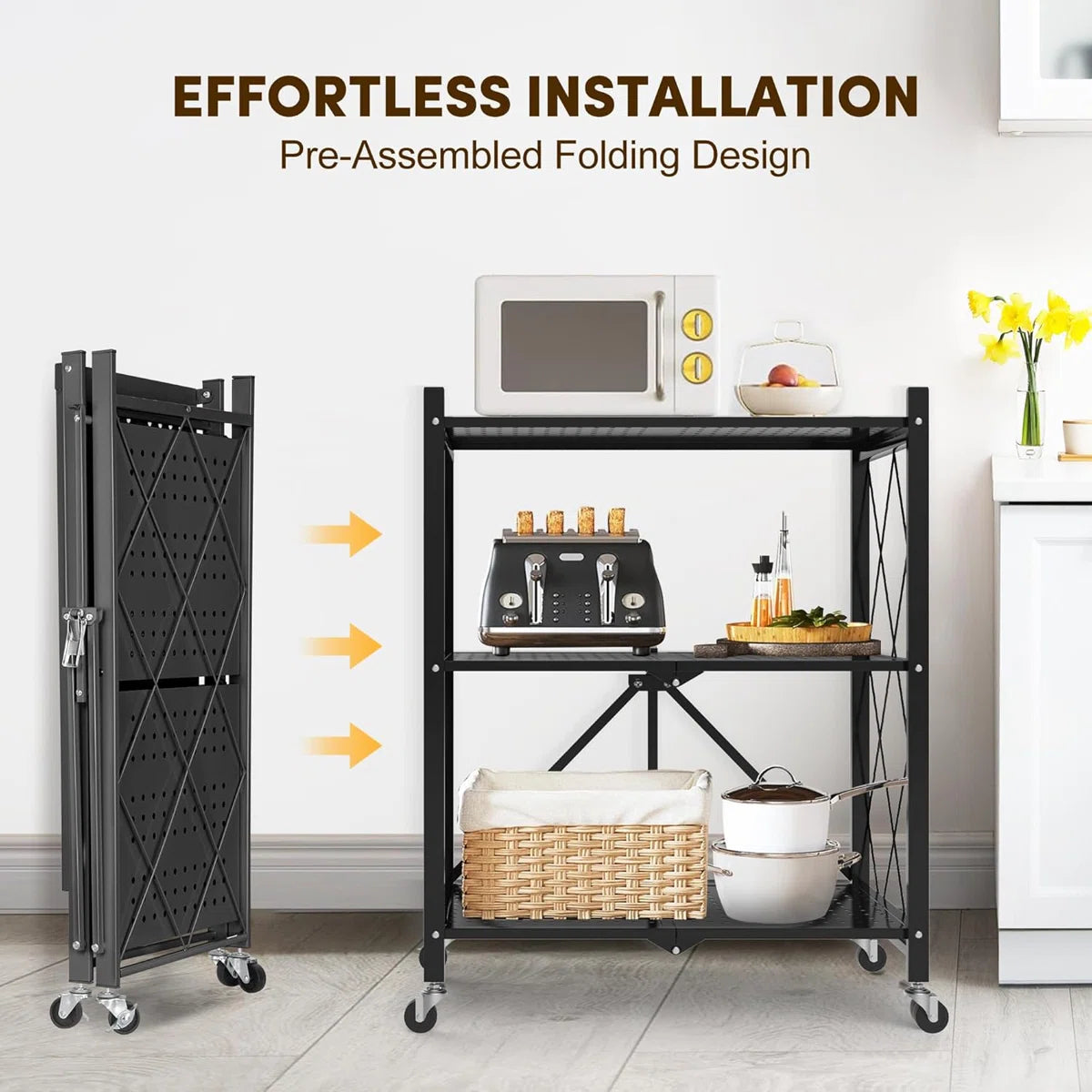 Kitchen Rack: 3 Tier Foldable Storage Shelf with Wheels for Kitchen Bakers Rack