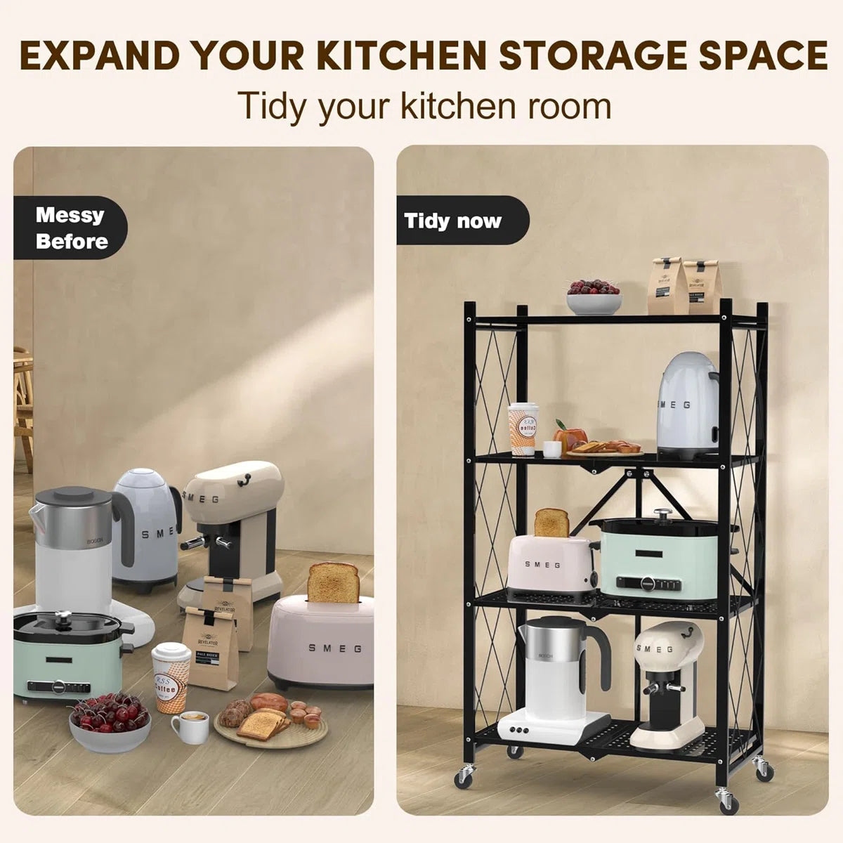 Kitchen Rack: 3 Tier Foldable Storage Shelf with Wheels for Kitchen Bakers Rack