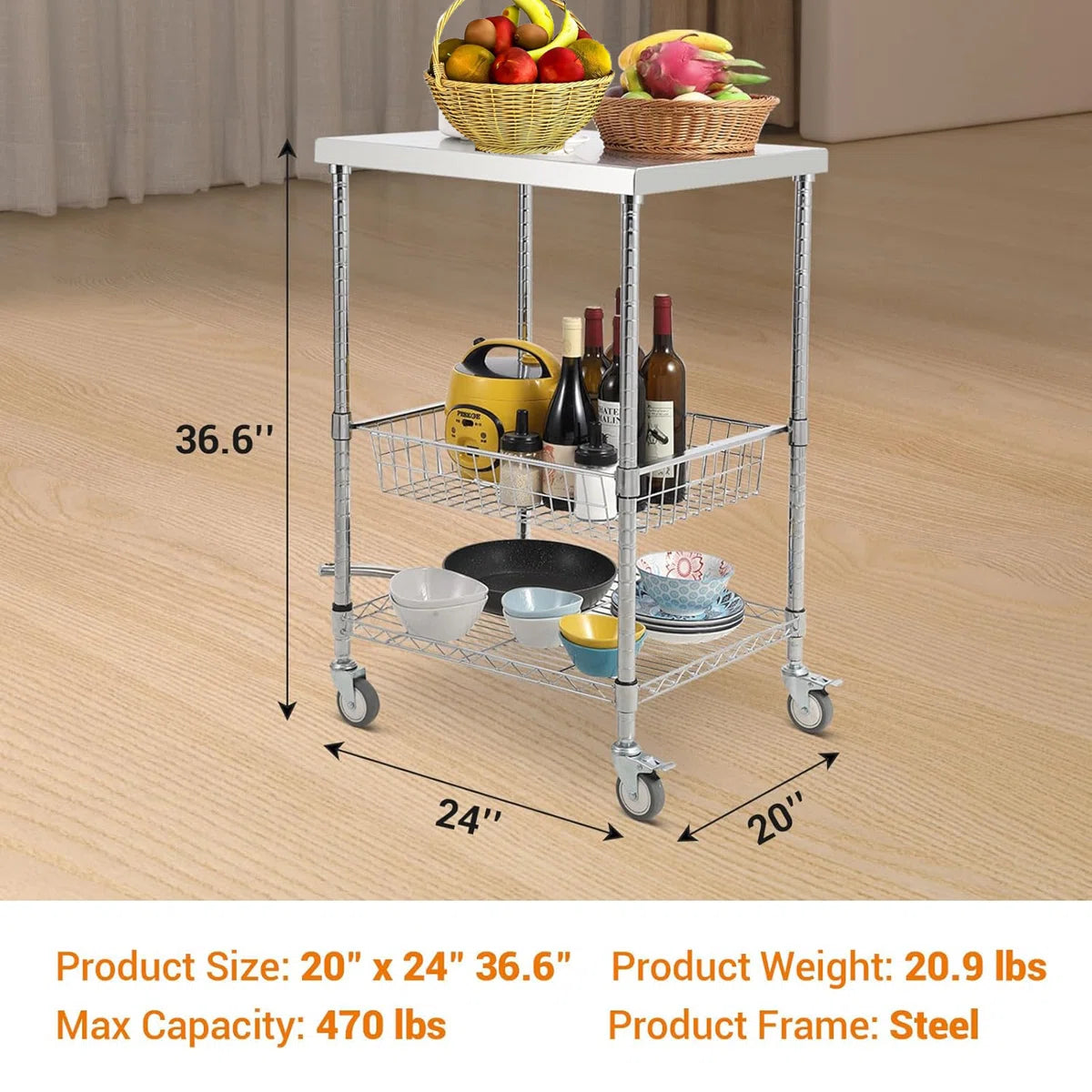 Kitchen Rack: 3 Tiers Rolling Wire Kitchen Utility Cart