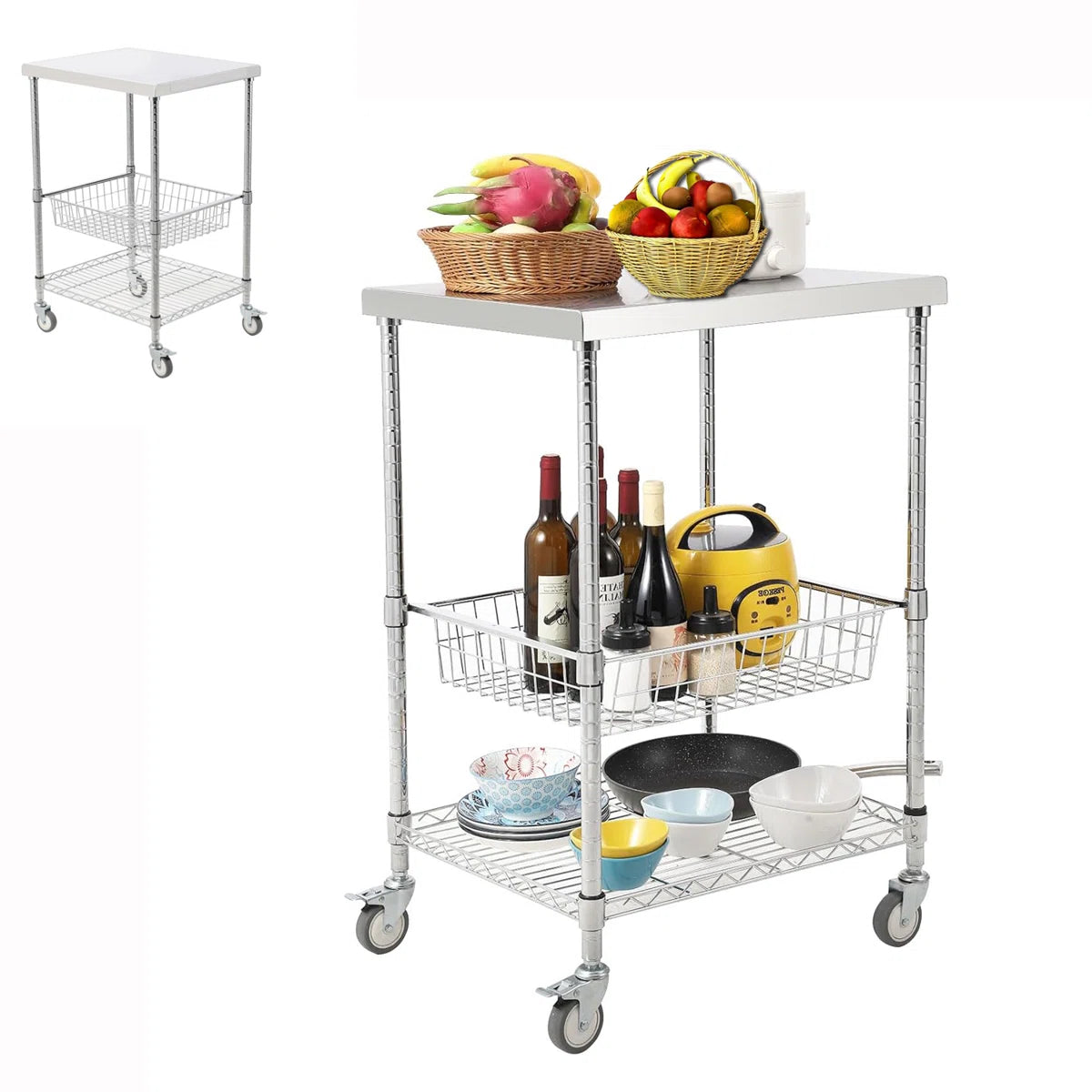 Kitchen Rack: 3 Tiers Rolling Wire Kitchen Utility Cart