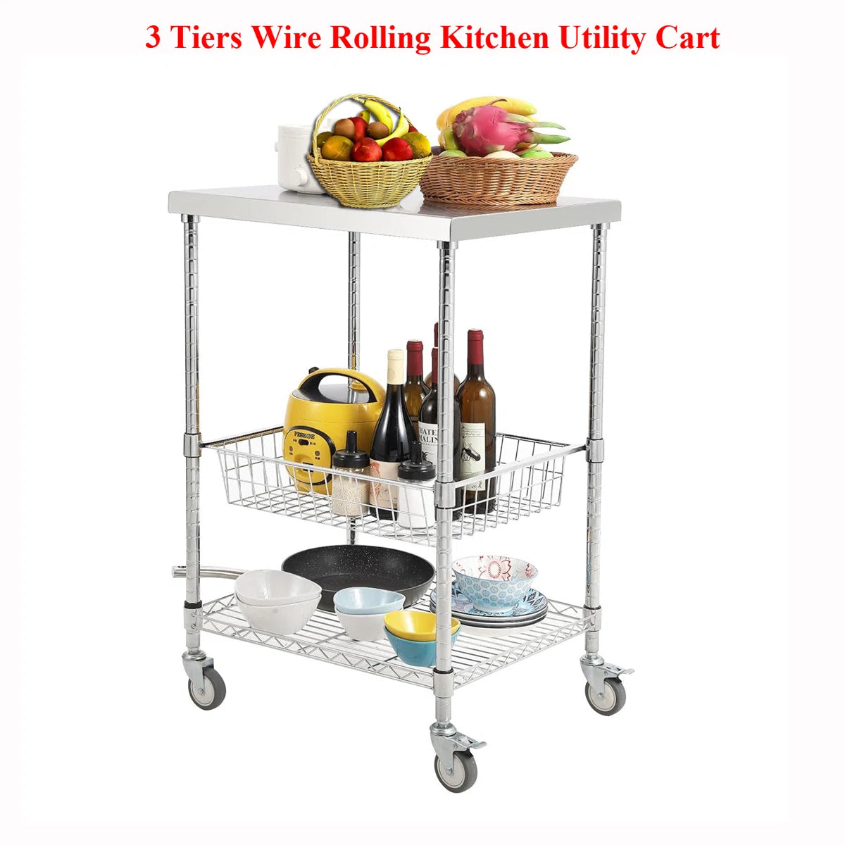 Kitchen Rack: 3 Tiers Rolling Wire Kitchen Utility Cart