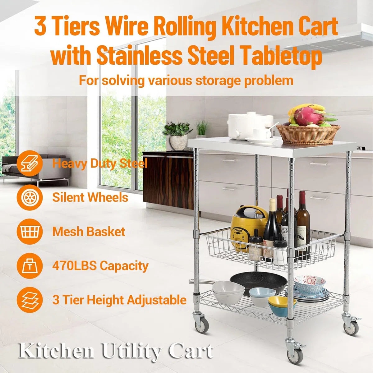 Kitchen Rack: 3 Tiers Rolling Wire Kitchen Utility Cart