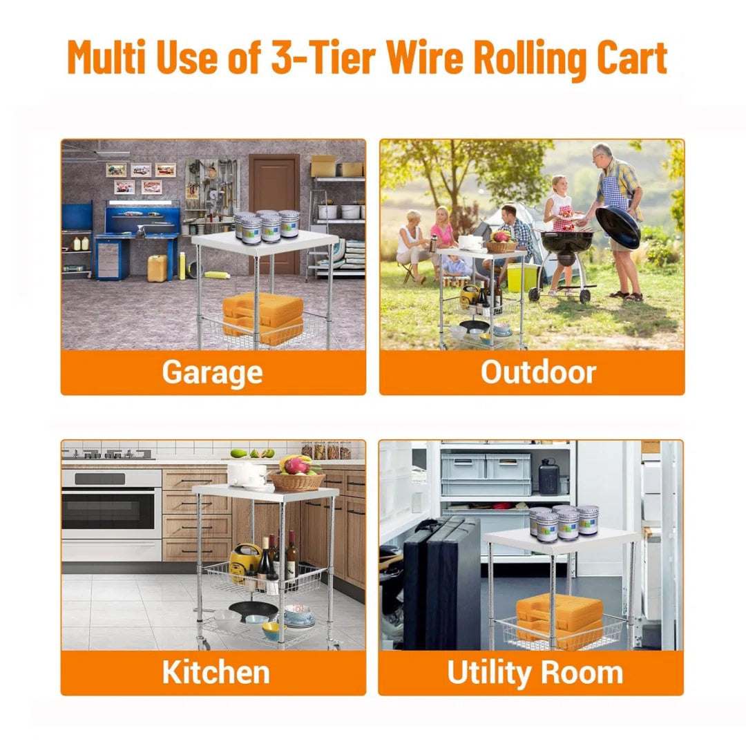 Kitchen Rack: 3 Tiers Rolling Wire Kitchen Utility Cart