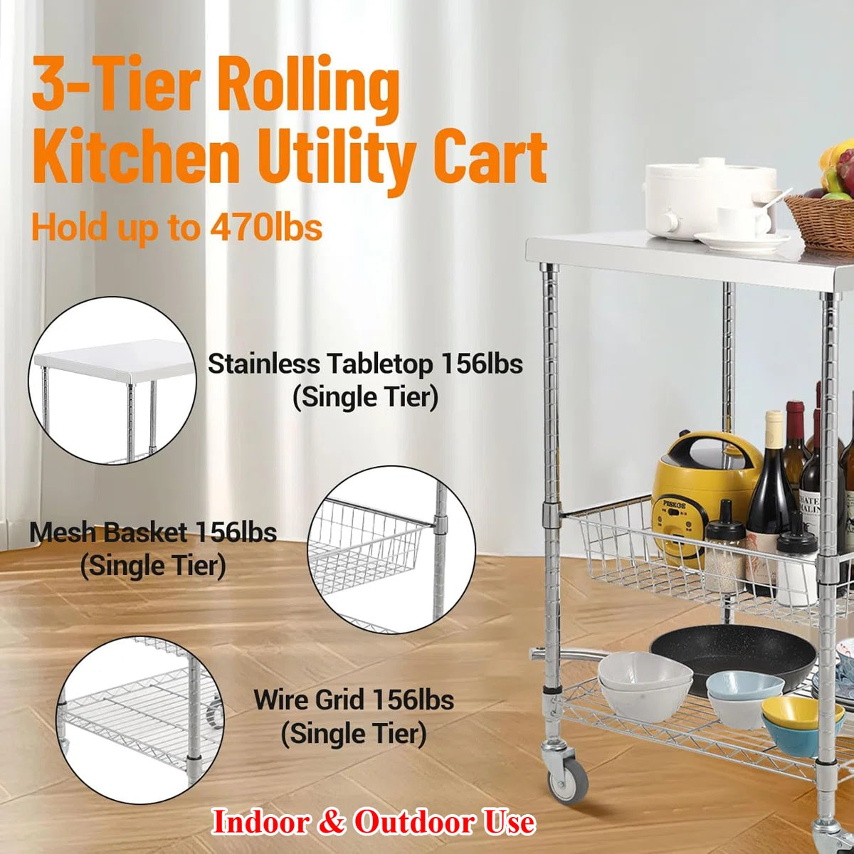 Kitchen Rack: 3 Tiers Rolling Wire Kitchen Utility Cart