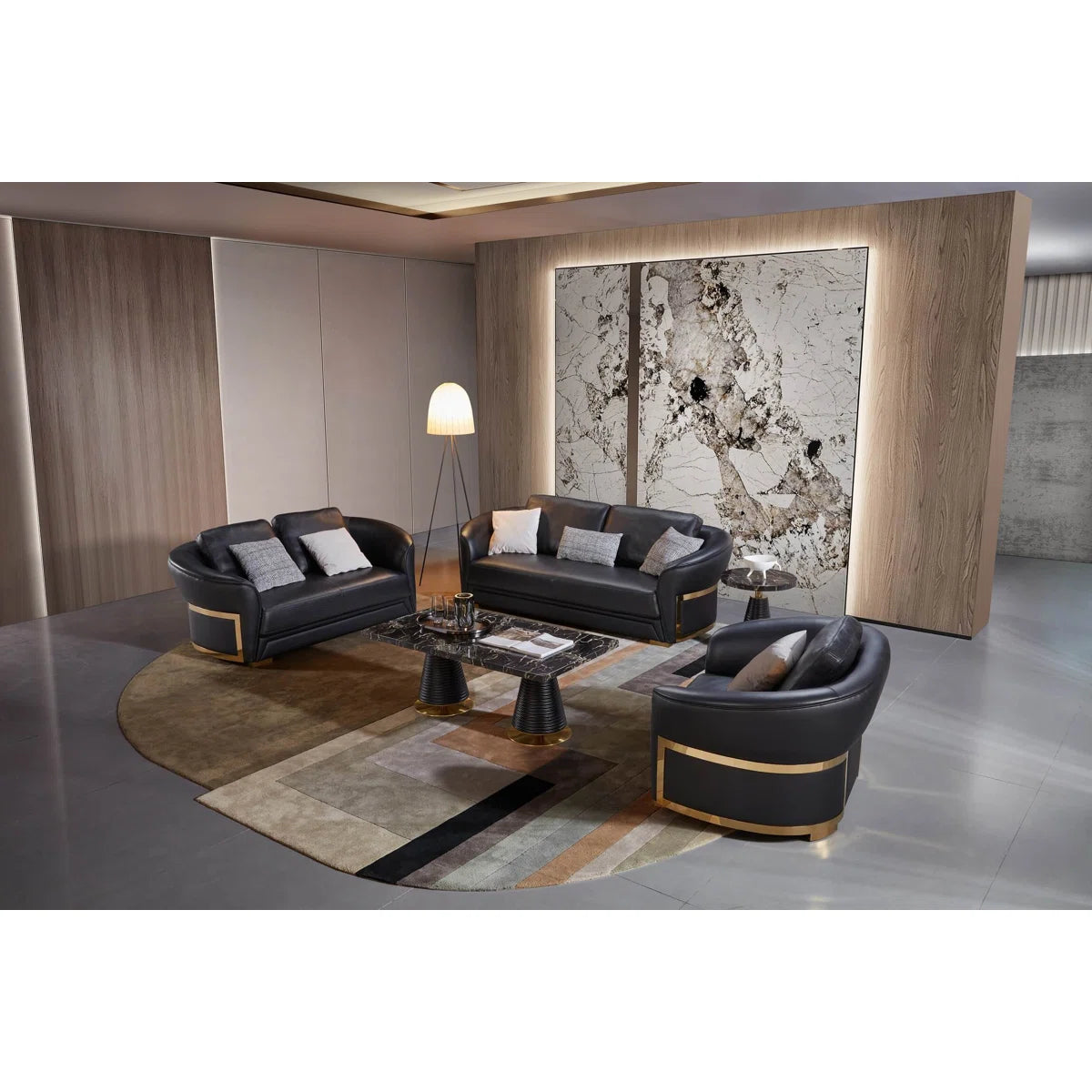 Luxury Sofa Sets: 90'' Wide Genuine Leather 3-Seater Sofa Set with Loveseat and Chair in Cognac Finish