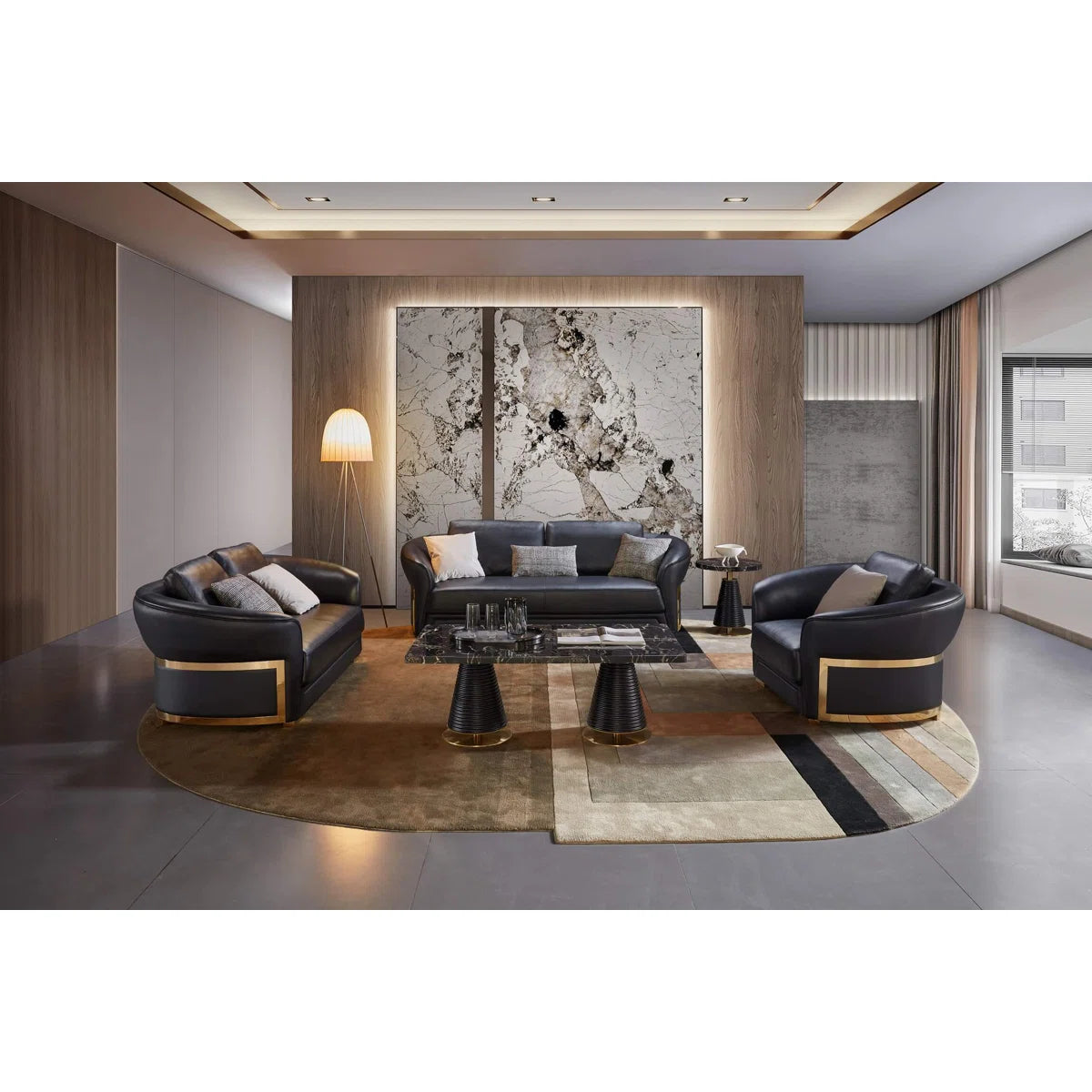 Luxury Sofa Sets: 90'' Wide Genuine Leather 3-Seater Sofa Set with Loveseat and Chair in Cognac Finish