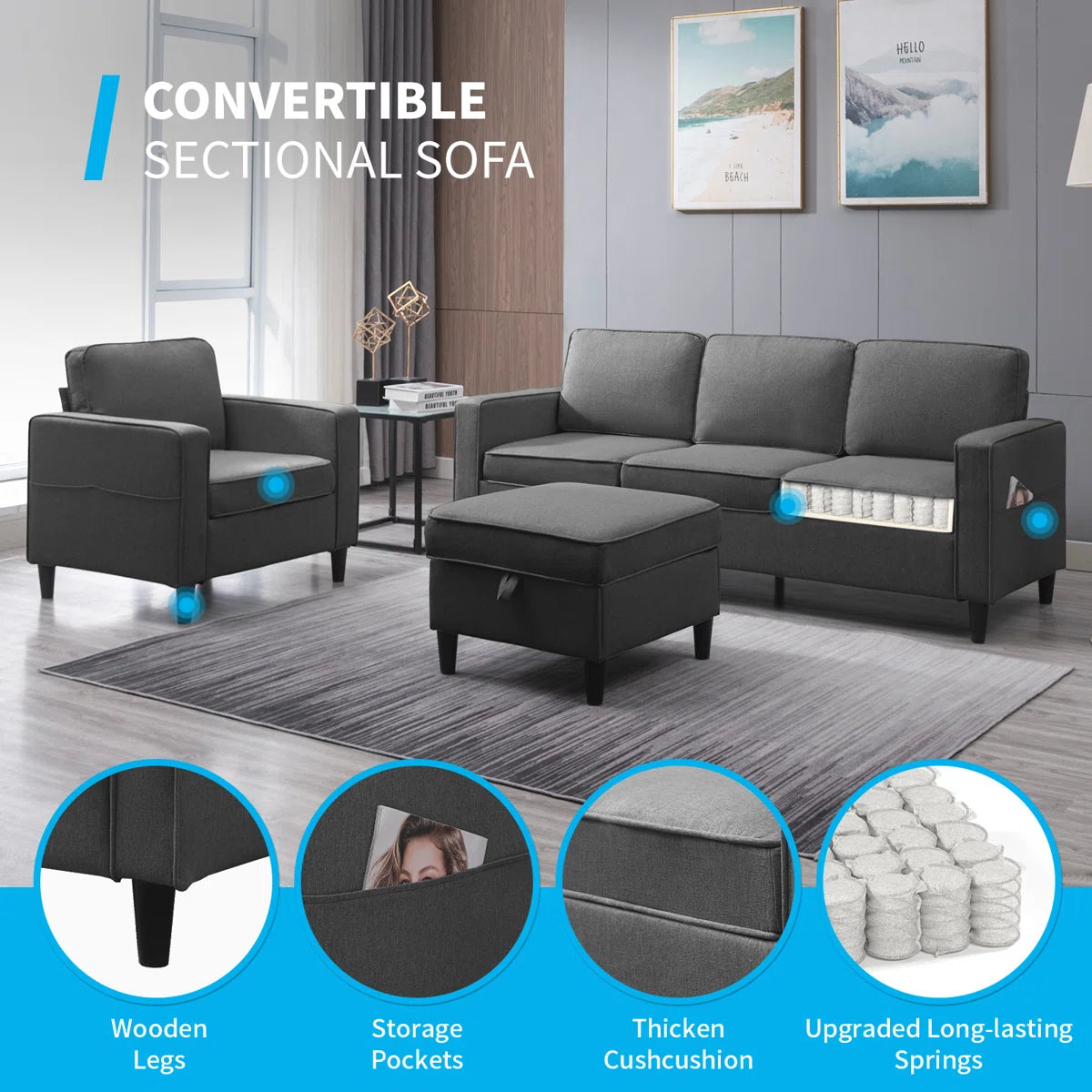 Luxury Sofa Sets: 3-Piece Cotton Blend Sofa, Loveseat & Storage Ottoman