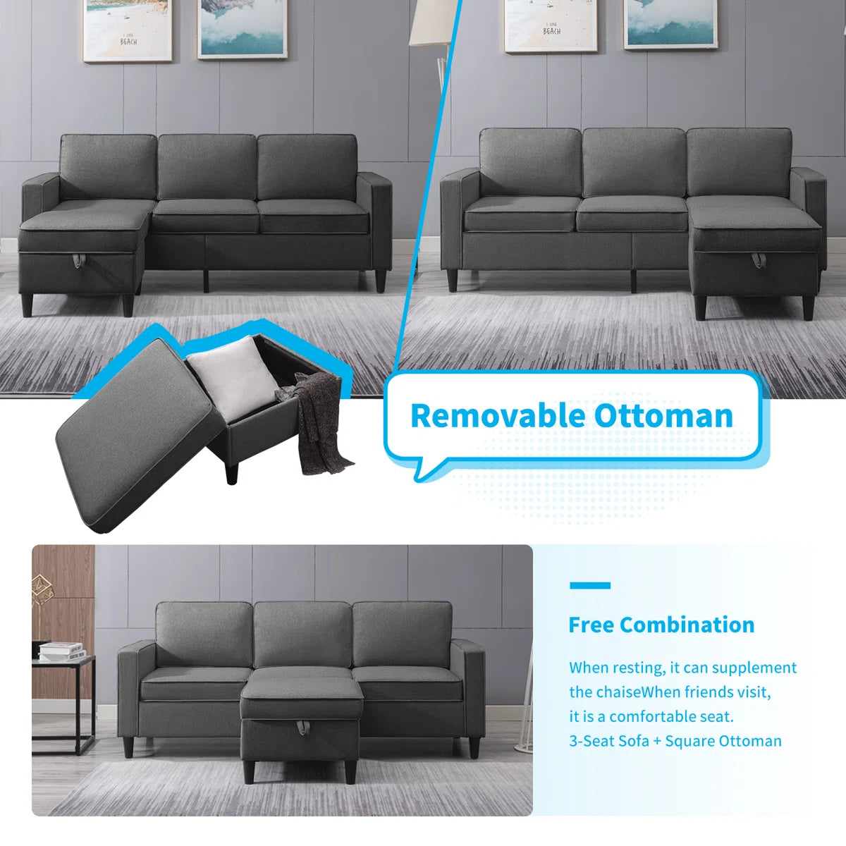Luxury Sofa Sets: 3-Piece Cotton Blend Sofa, Loveseat & Storage Ottoman