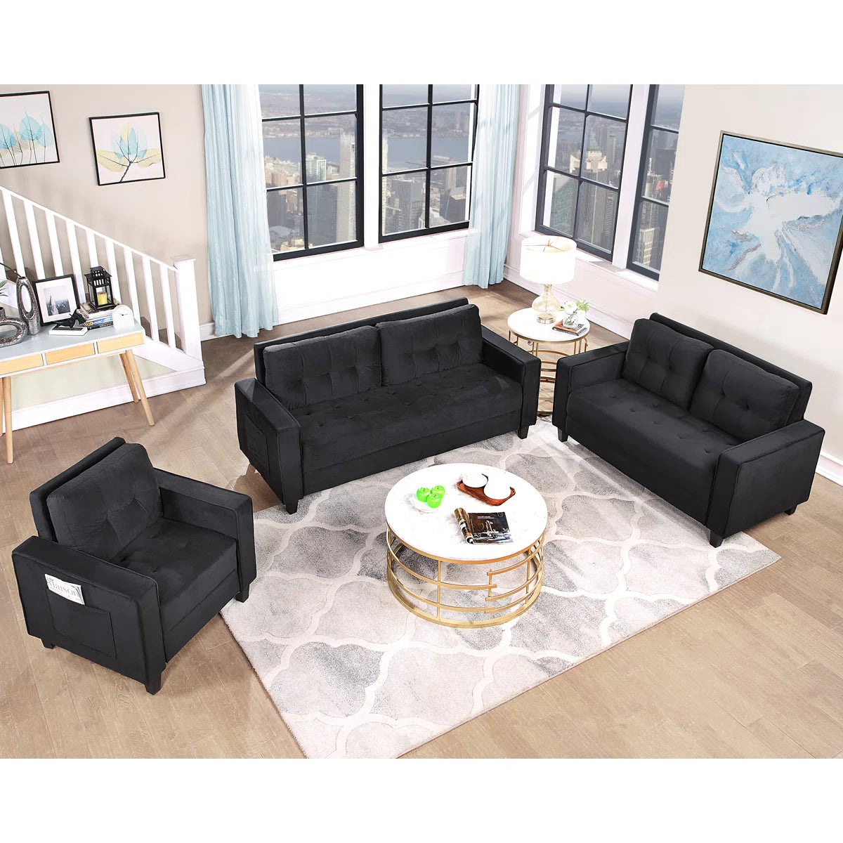 7 Seater Sofa Set: Luxury Living Room 3-Piece Velvet Sofa Set