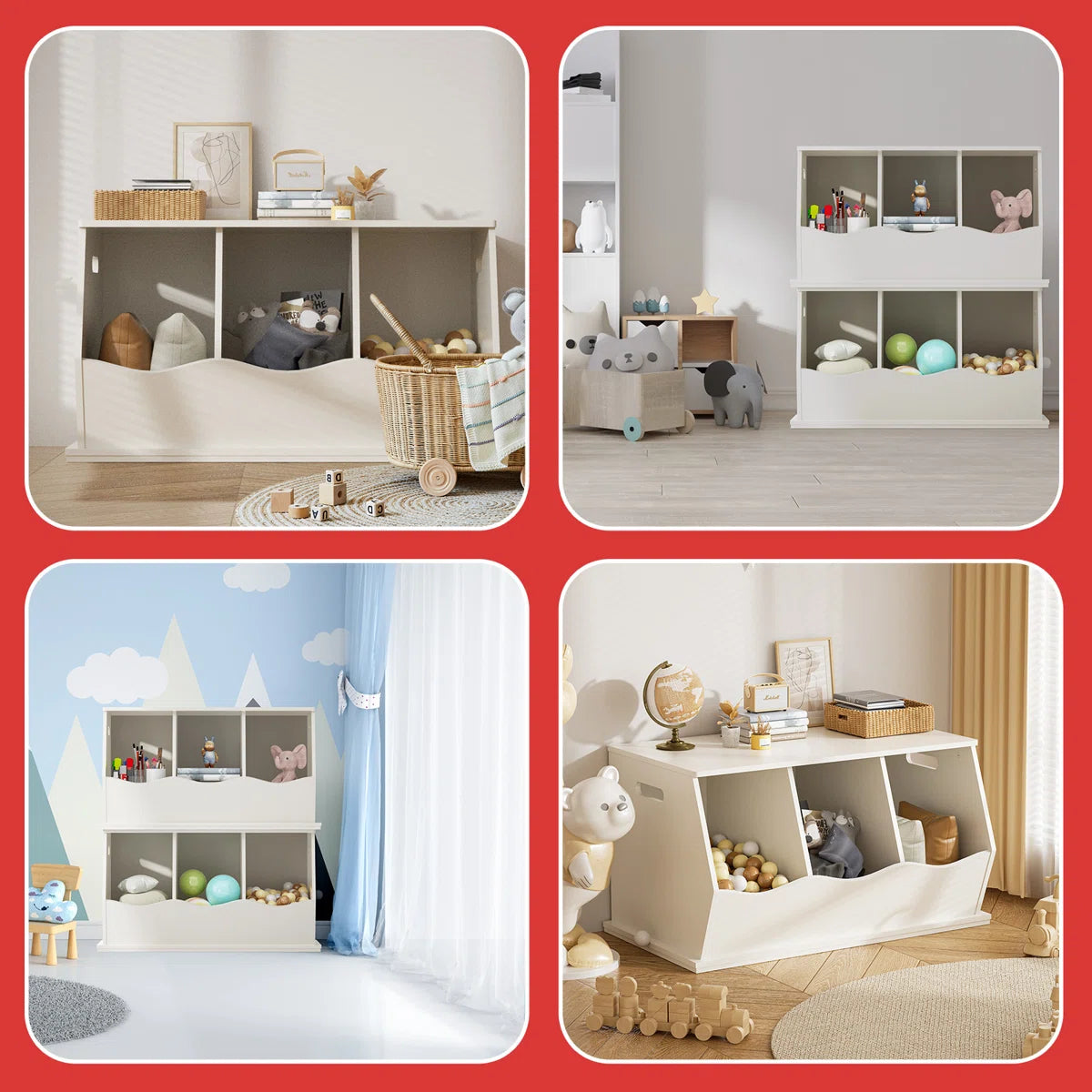Kids Toy Storage Unit: 3-Compartment Stackable Organiser Cabinet with Side Handles