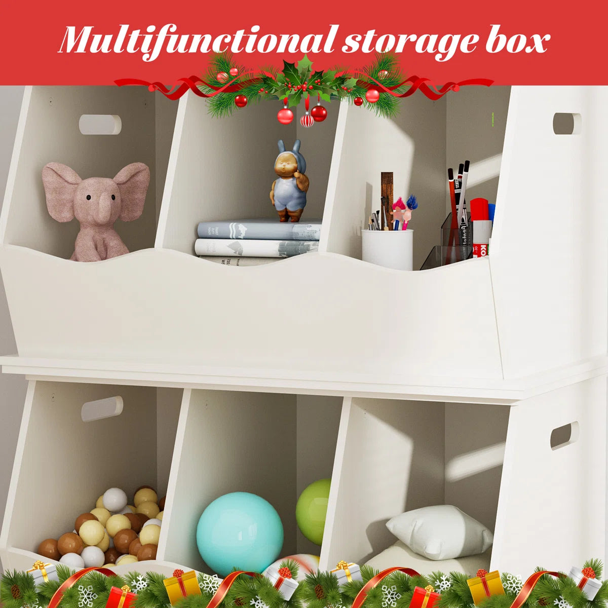 Kids Toy Storage Unit: 3-Compartment Stackable Organiser Cabinet with Side Handles