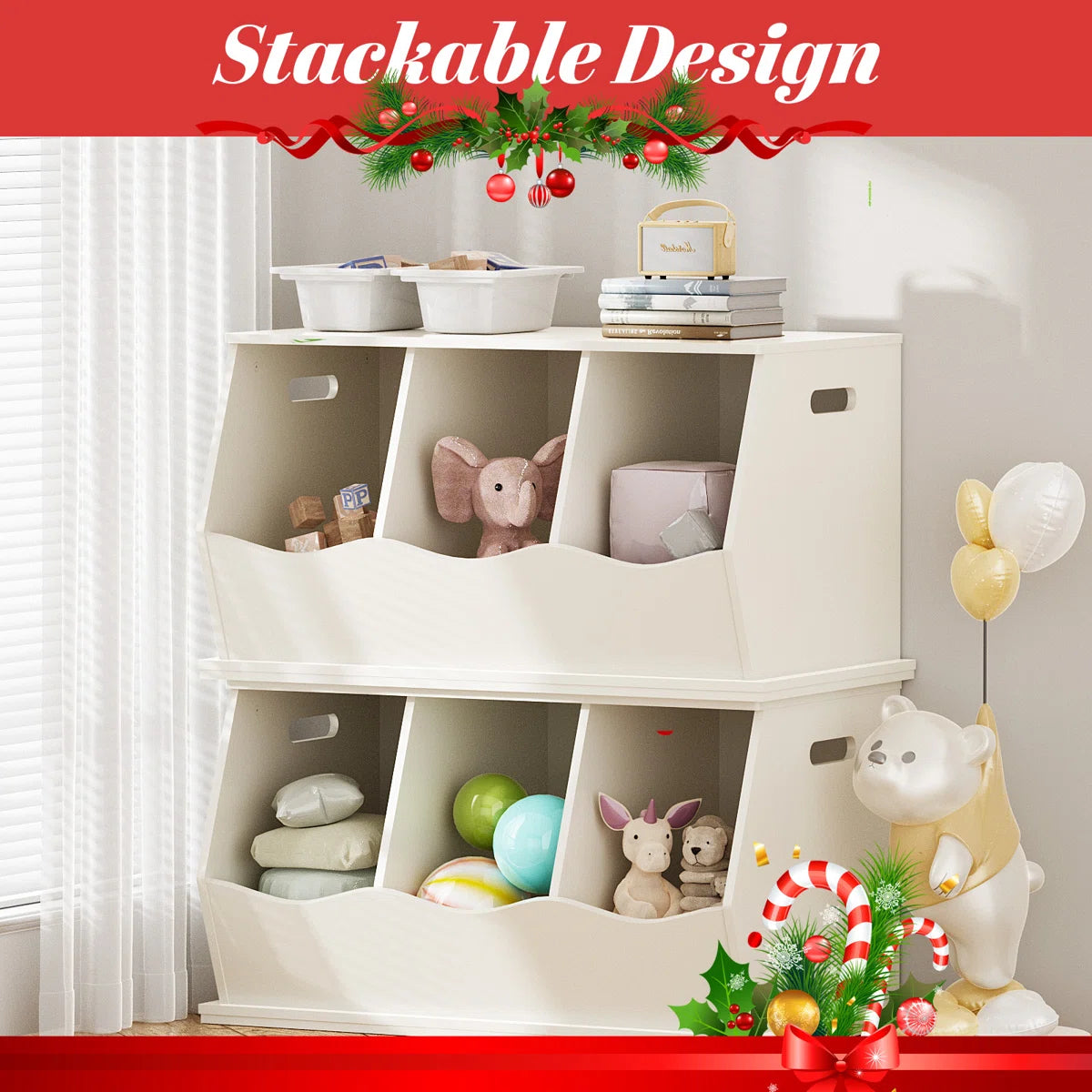 Kids Toy Storage Unit: 3-Compartment Stackable Organiser Cabinet with Side Handles