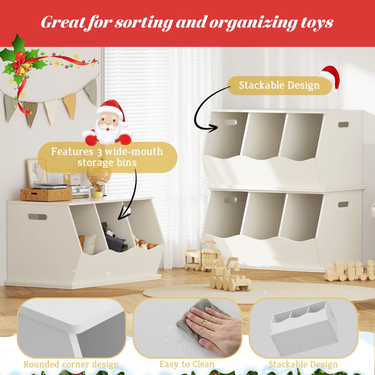 Kids Toy Storage Unit: 3-Compartment Stackable Organiser Cabinet with Side Handles