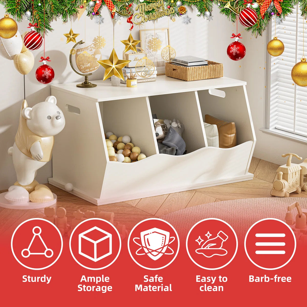 Kids Toy Storage Unit: 3-Compartment Stackable Organiser Cabinet with Side Handles
