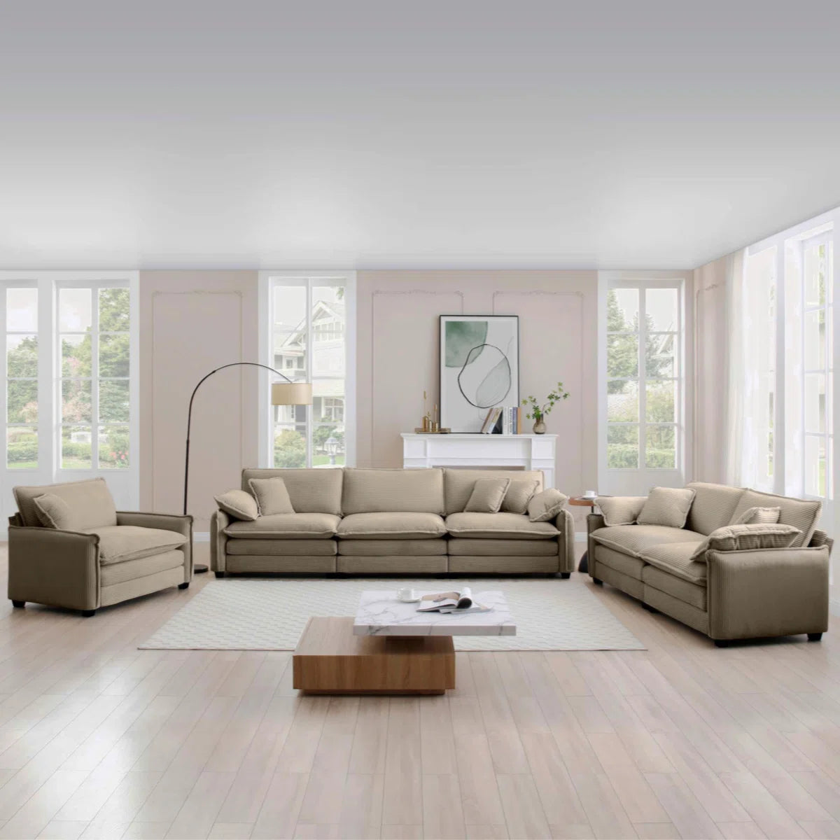 7 Seater Sofa Set: 3 Piece Oversized Tan Corduroy Sectional Sofa