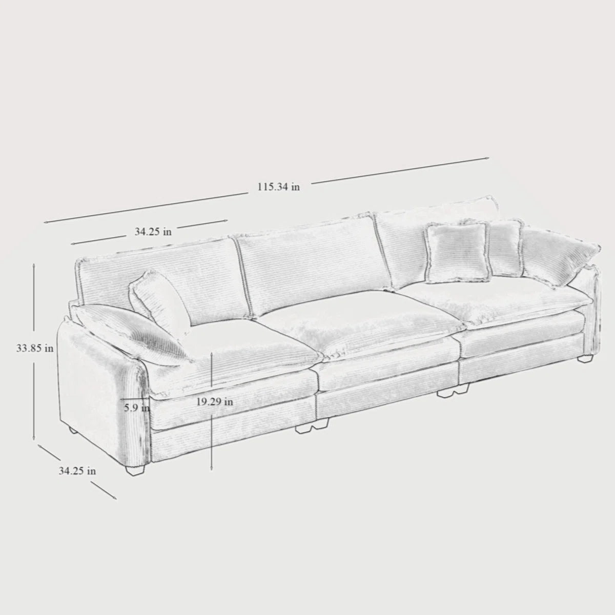 7 Seater Sofa Set: 3 Piece Oversized Tan Corduroy Sectional Sofa