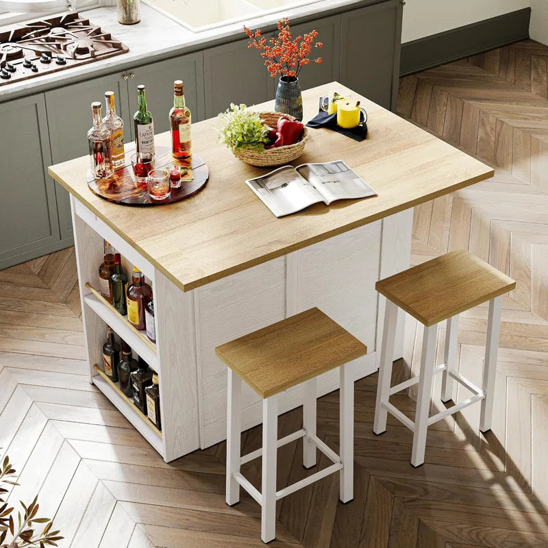 Kitchen Island Table: 47.3'' Wide Compact Set with Stools and Open Storage