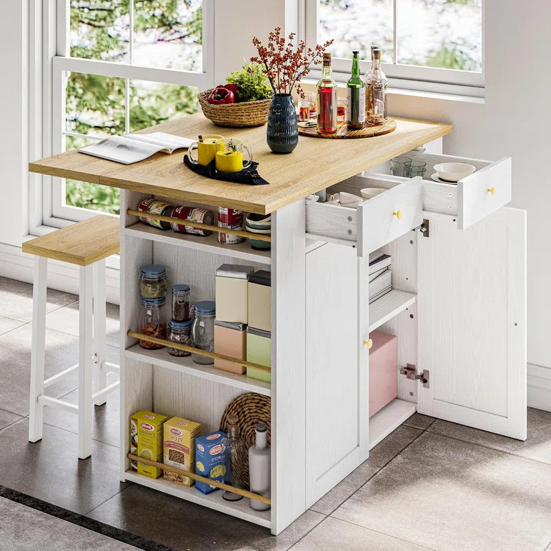 Kitchen Island Table: 47.3'' Wide Compact Set with Stools and Open Storage