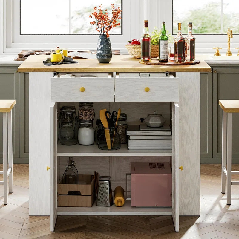 Kitchen Island Table: 47.3'' Wide Compact Set with Stools and Open Storage