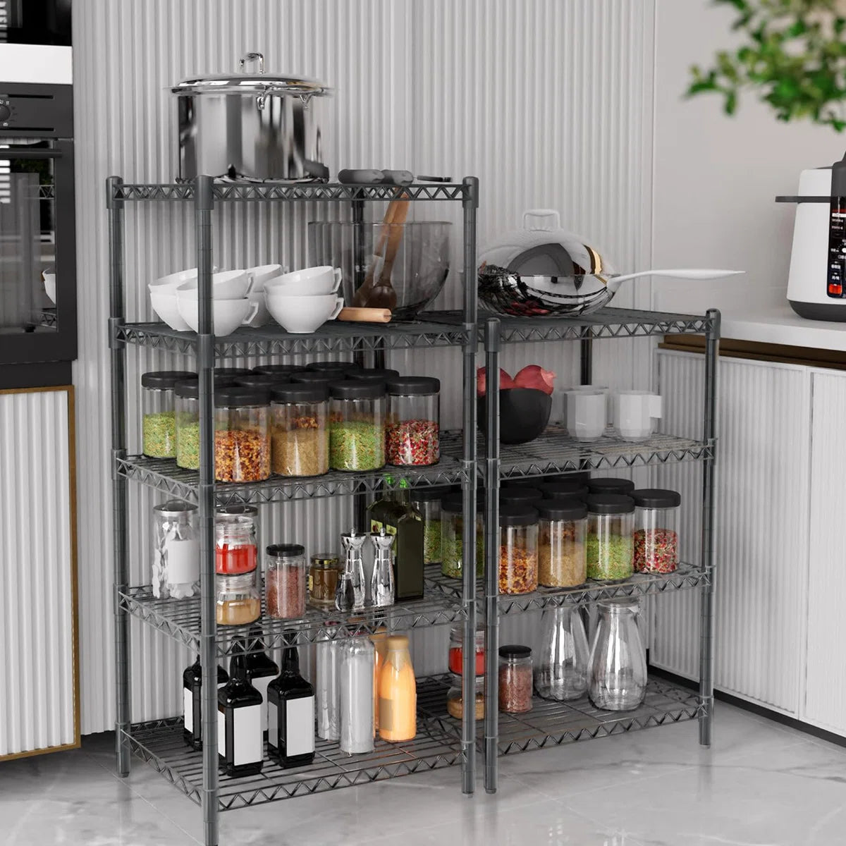 Kitchen Racks: 3-tiered grey storage racks and shelves made of sturdy steel for pantry shelves