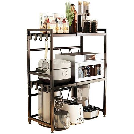 Kitchen Racks: Adjustable 3-Tier Shelf Extension Microwave Oven Rack Kitchen Countertop Organizer Shelf with Eight Hooks for Bakers