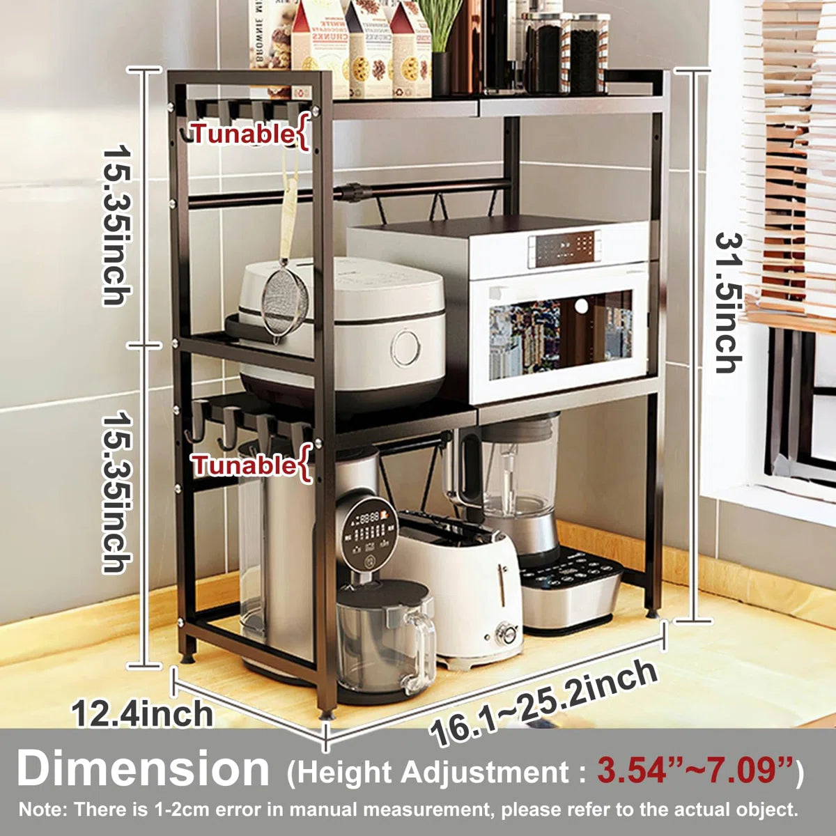 Kitchen Racks: Adjustable 3-Tier Shelf Extension Microwave Oven Rack Kitchen Countertop Organizer Shelf with Eight Hooks for Bakers