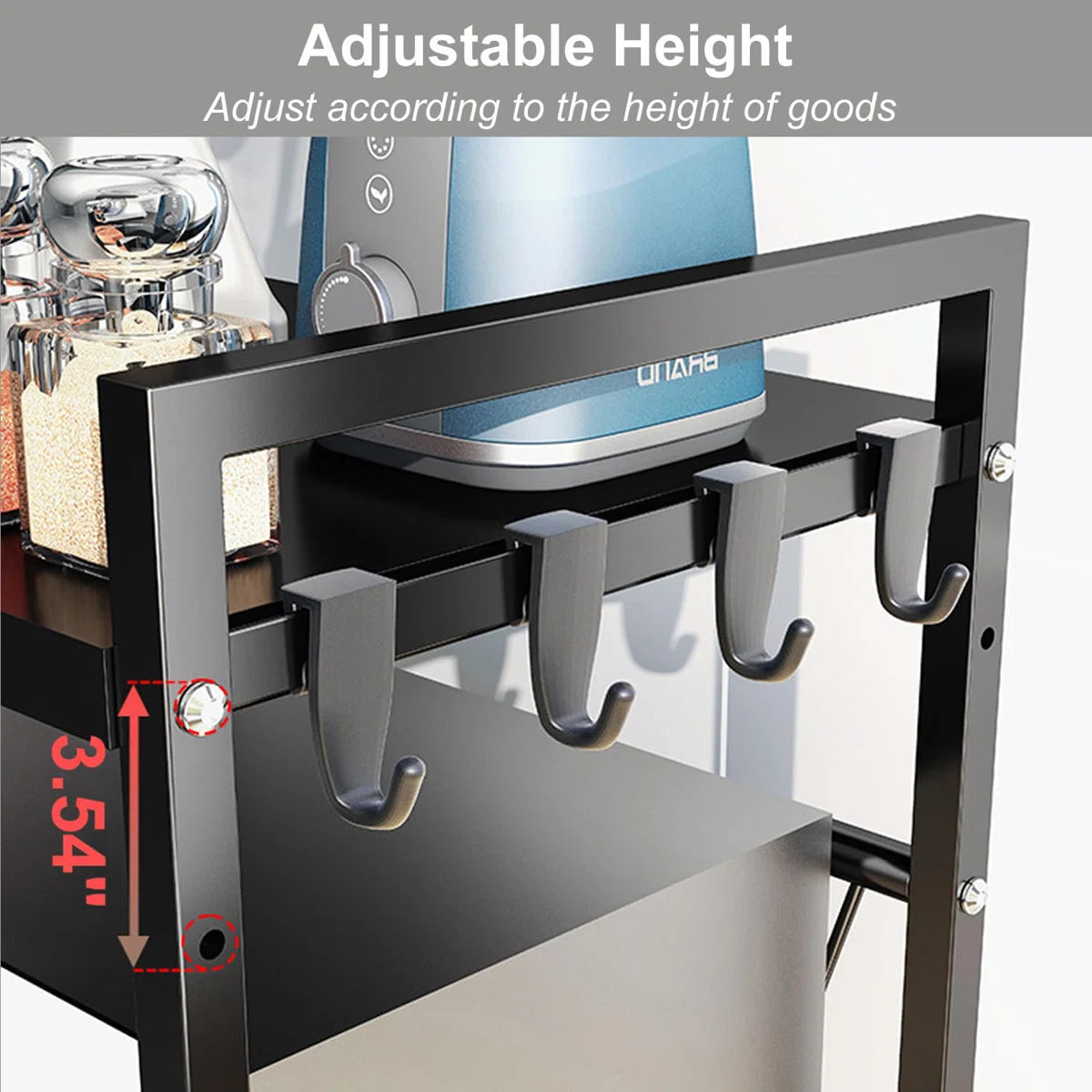 Kitchen Racks: Adjustable 3-Tier Shelf Extension Microwave Oven Rack Kitchen Countertop Organizer Shelf with Eight Hooks for Bakers