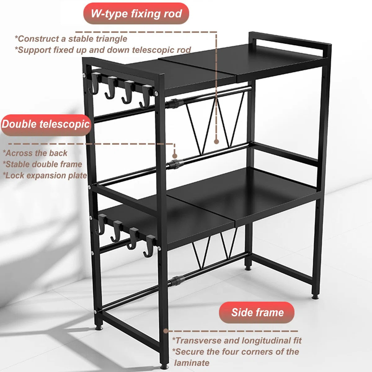 Kitchen Racks: Adjustable 3-Tier Shelf Extension Microwave Oven Rack Kitchen Countertop Organizer Shelf with Eight Hooks for Bakers