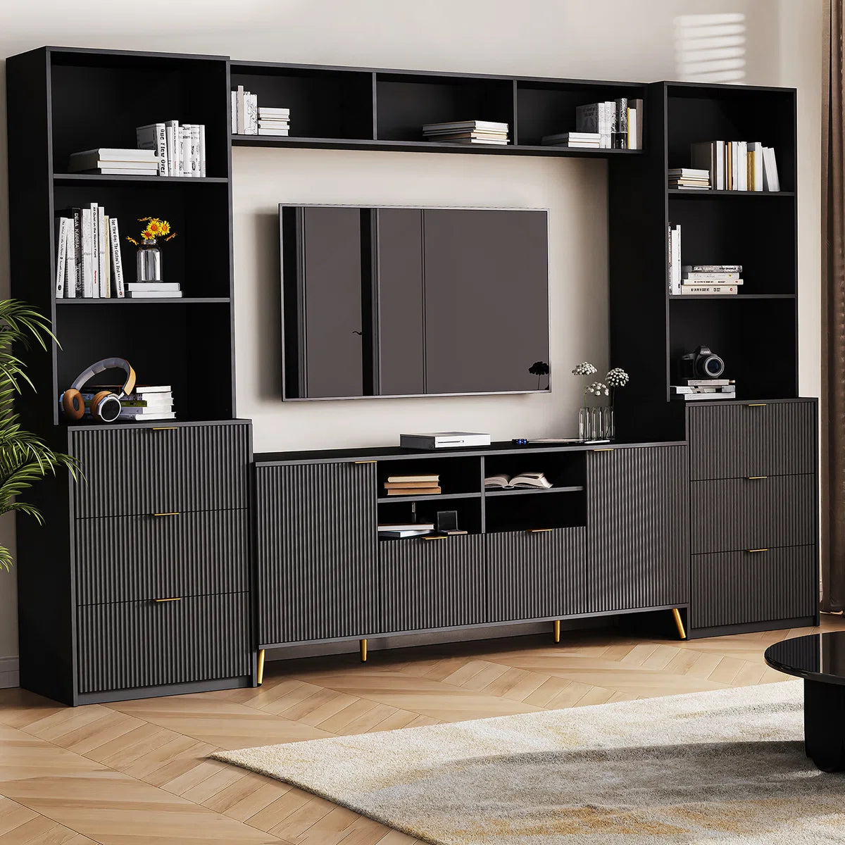 tv panel: Multi-Storage 4-Piece Media Center with Shelves, Cabinets, and Drawer Storage Compartments