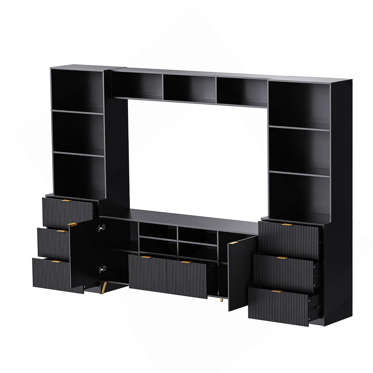tv panel: Multi-Storage 4-Piece Media Center with Shelves, Cabinets, and Drawer Storage Compartments