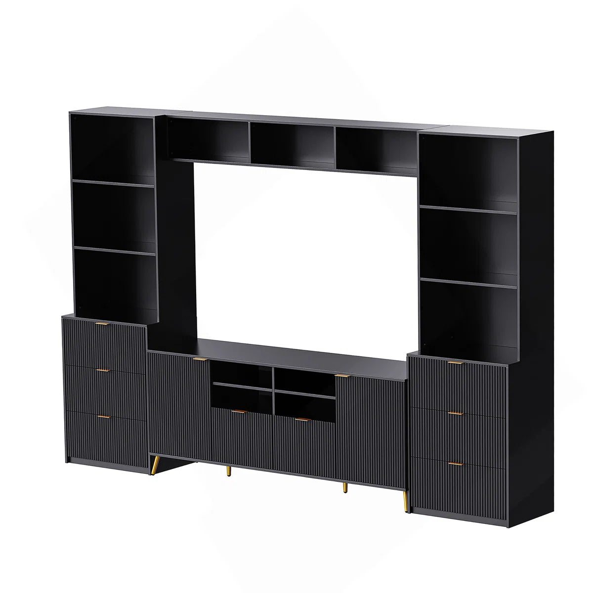 tv panel: Multi-Storage 4-Piece Media Center with Shelves, Cabinets, and Drawer Storage Compartments