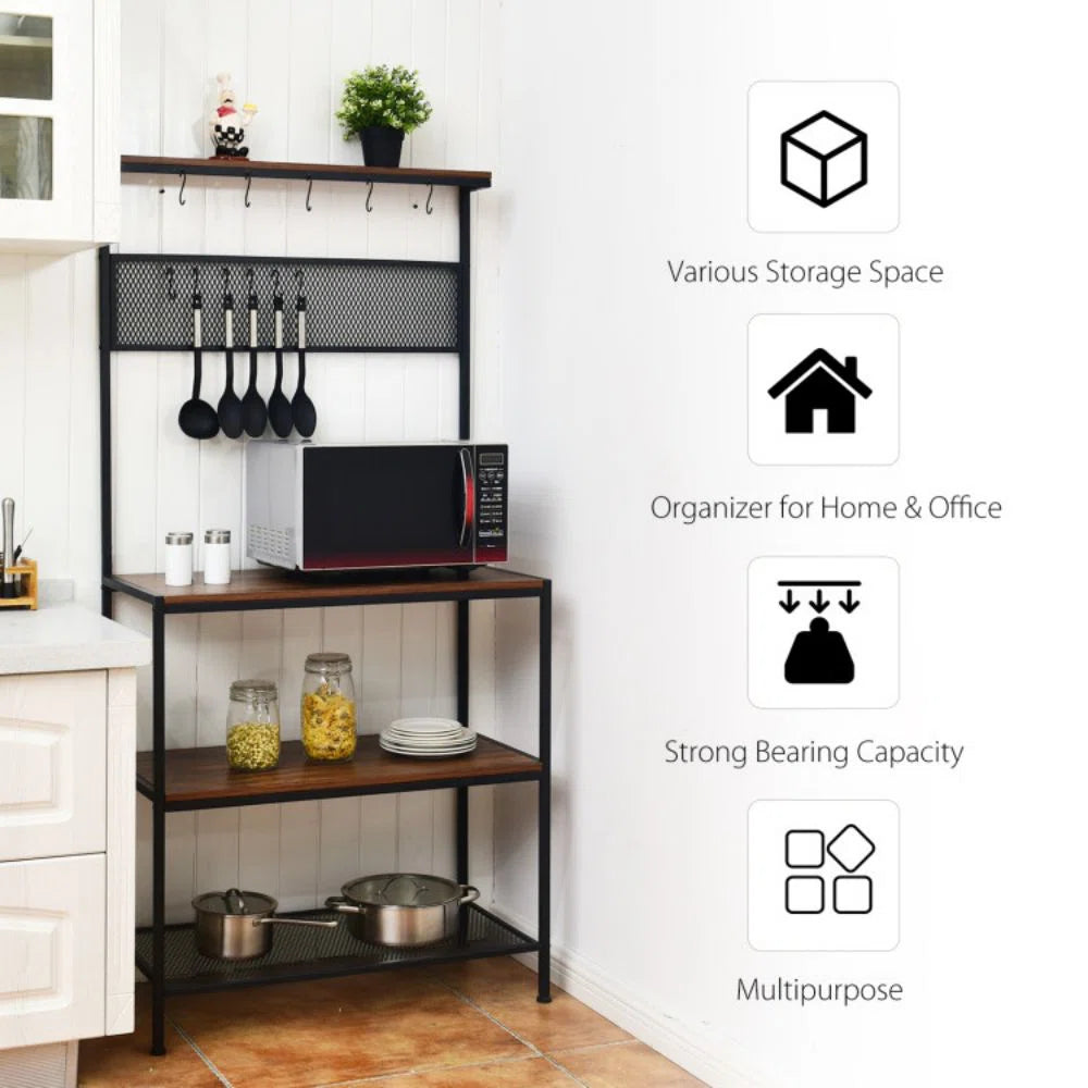 Kitchen Rack: 4-Tier Kitchen Rack Stand with Mesh Panel and Hooks