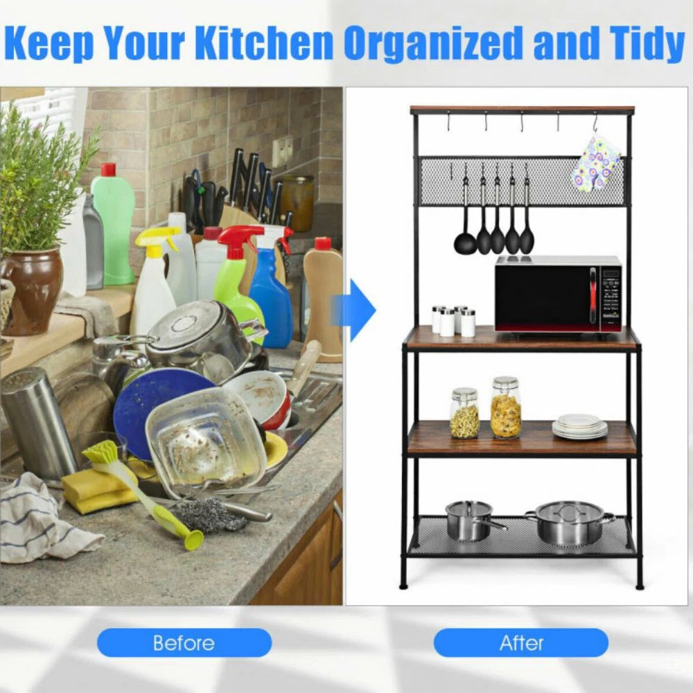 Kitchen Rack: 4-Tier Kitchen Rack Stand with Mesh Panel and Hooks