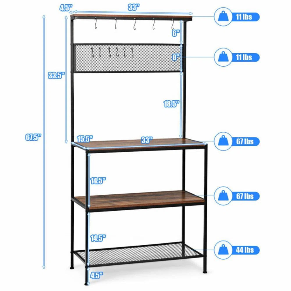 Kitchen Rack: 4-Tier Kitchen Rack Stand with Mesh Panel and Hooks