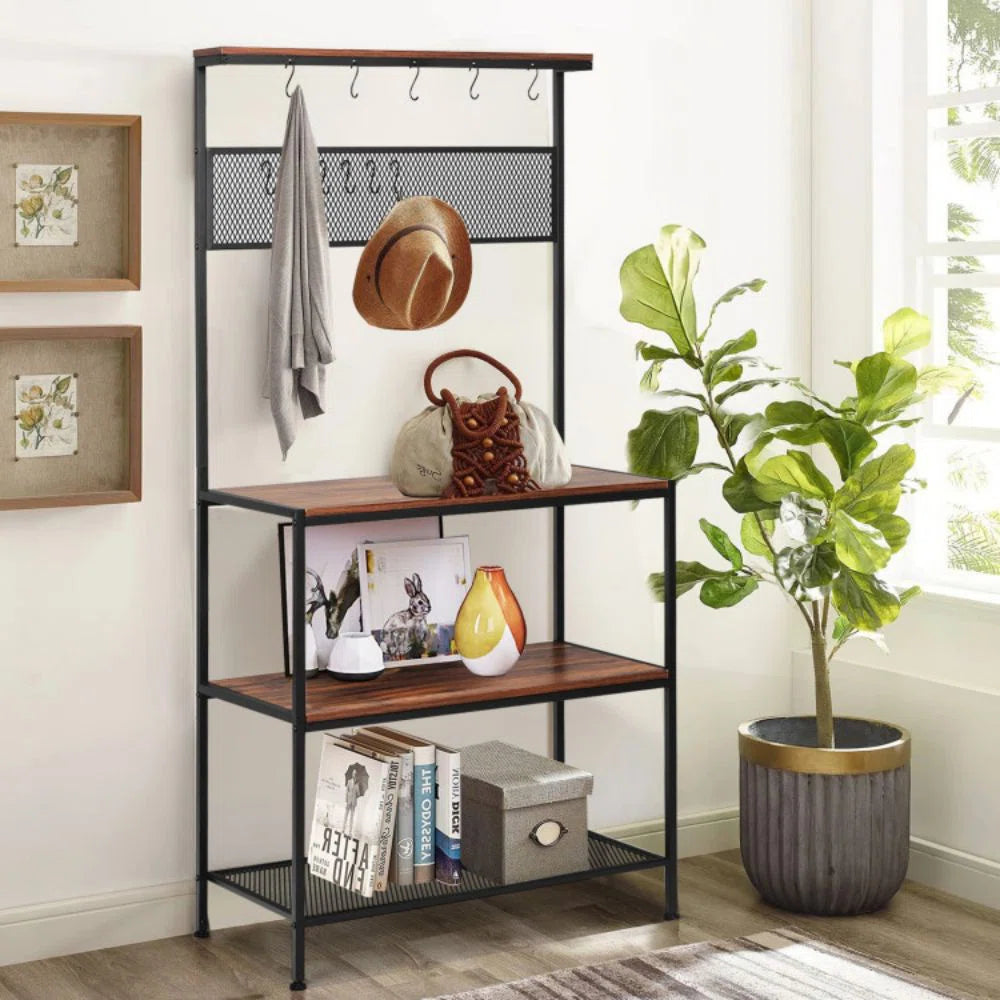 Kitchen Rack: 4-Tier Kitchen Rack Stand with Mesh Panel and Hooks
