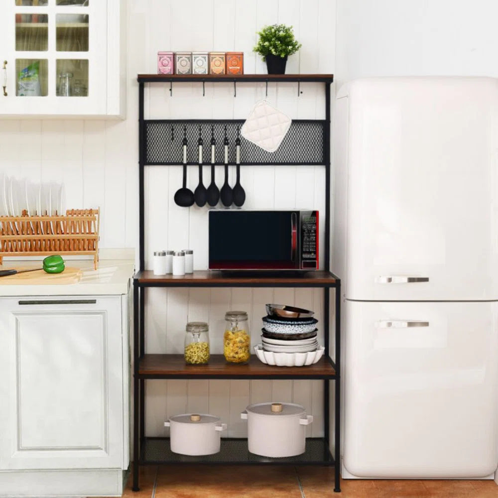 Kitchen Rack: 4-Tier Kitchen Rack Stand with Mesh Panel and Hooks